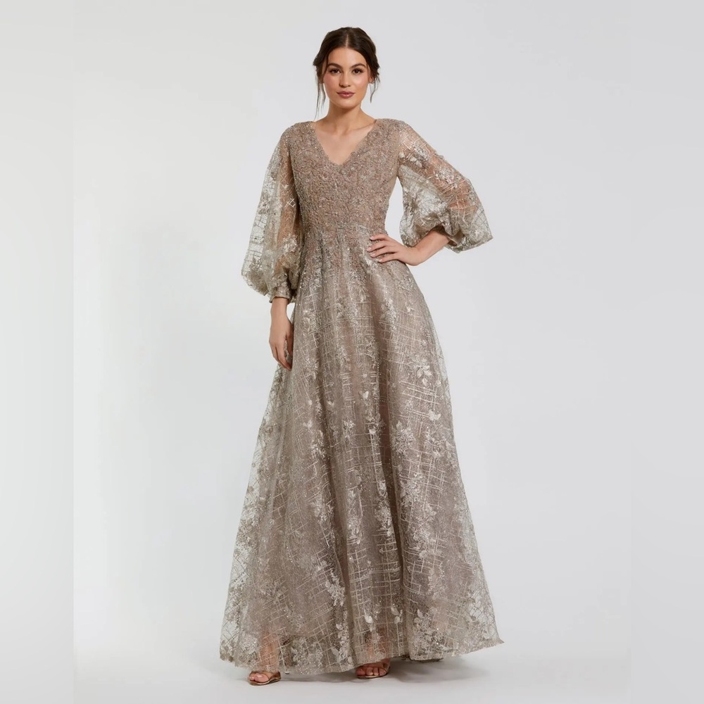 Mac Duggal Taupe Illusion Lace A-Line Gown